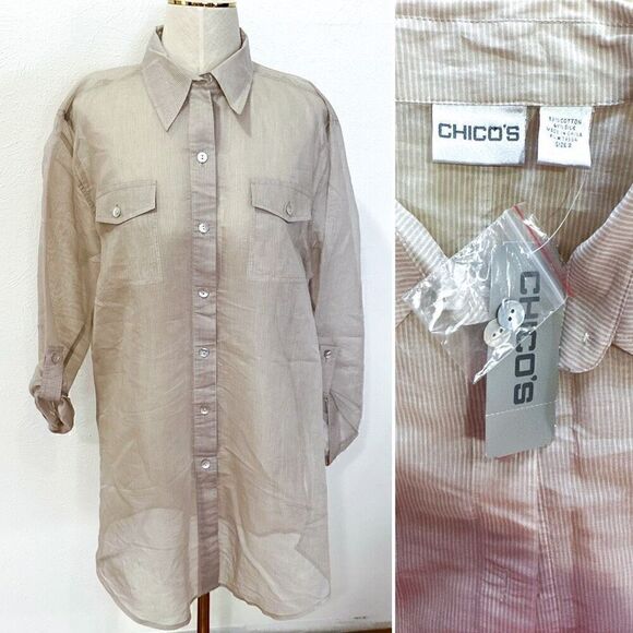 Chicos Sheer Stripe cotton/Silk Long Line Button Down Shirt NWT Size 2 - Picture 1 of 2